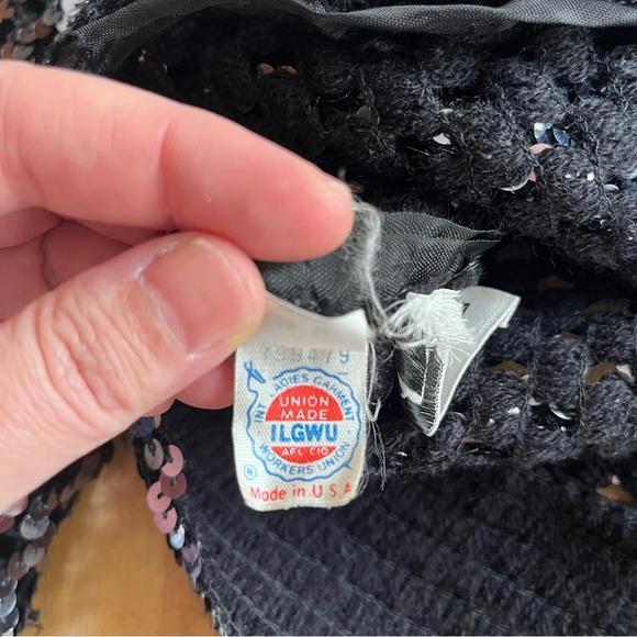 Vintage Lillie Rubin Sequin Sweater Black Knit Checkerboard Cutout Crochet ILGWU - Picture 11 of 17